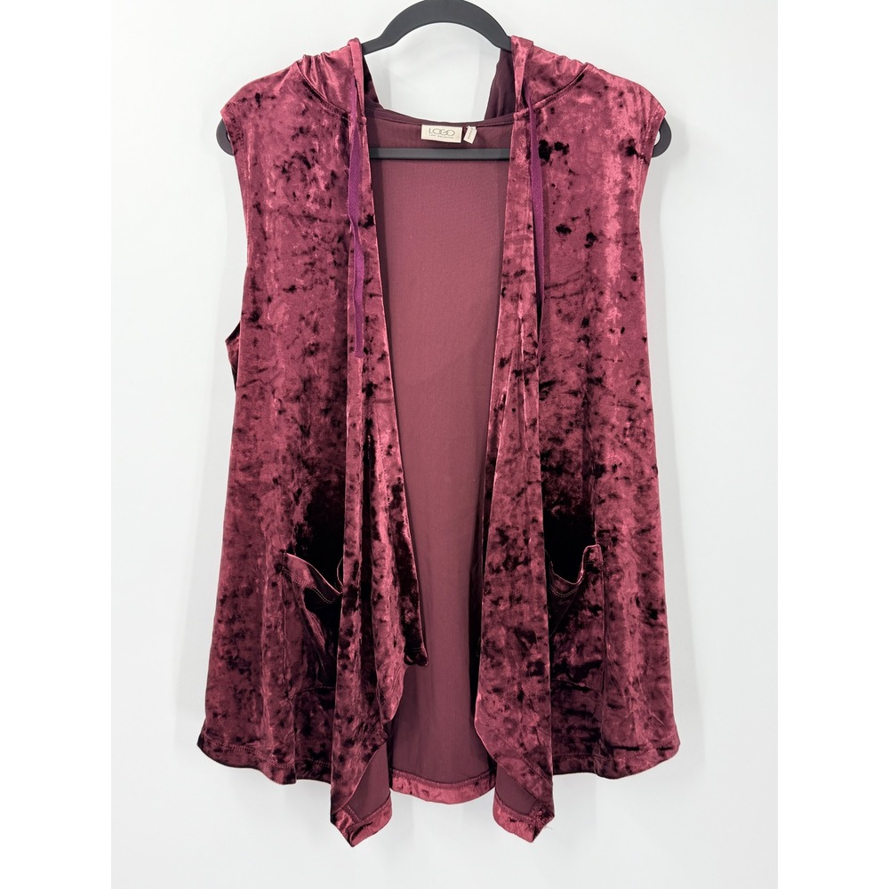 LOGO Lori Goldstein Vest Womens sz L Whimsigoth Burgundy Velvet Hooded Holiday